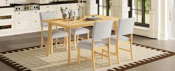 English Elm 5 Piece Dining Set Rustic Farmhouse Rectangular Table with 4 Upholstered Chairs Solid Wood Seats for 4 Natural Wood Wash N752S400015D