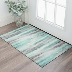 HomeRoots 5' Teal and Ivory Striped Washable Area Rug – UV Protected, Durable, Perfect for Kids & Pets! 717751