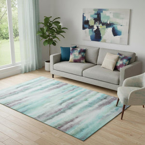 HomeRoots 8' Teal and Ivory Striped Round Rug - Washable, UV Protected, Stain Resistant for High Traffic Areas 717752