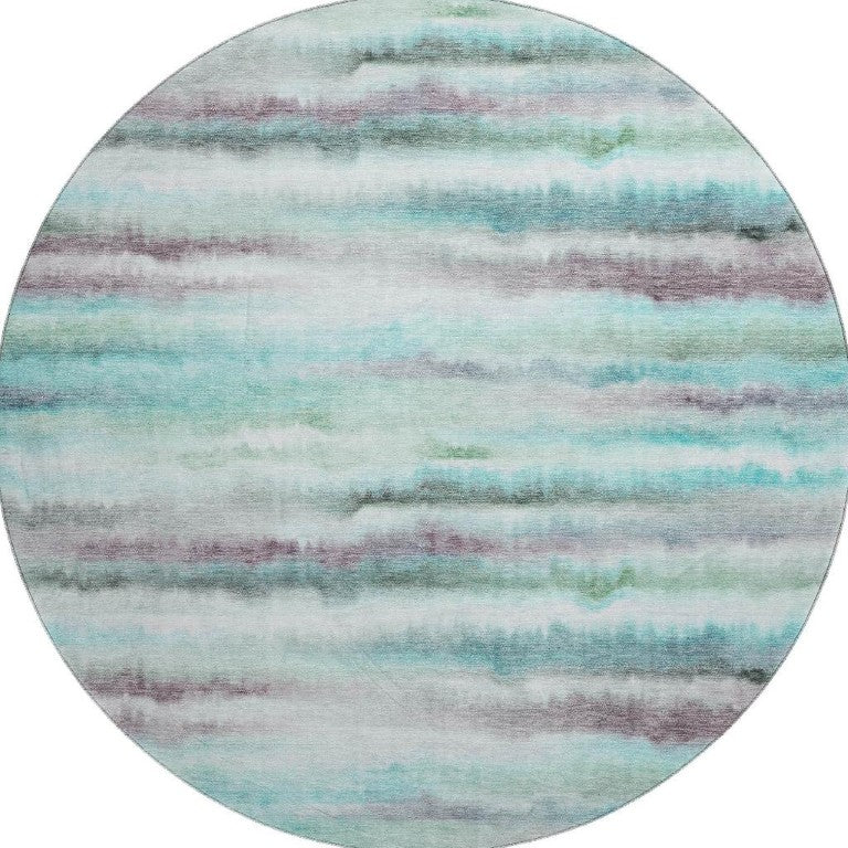 8 Foot Round Striped Polyester Rug Machine Washable Uv Resistant Teal Ivory