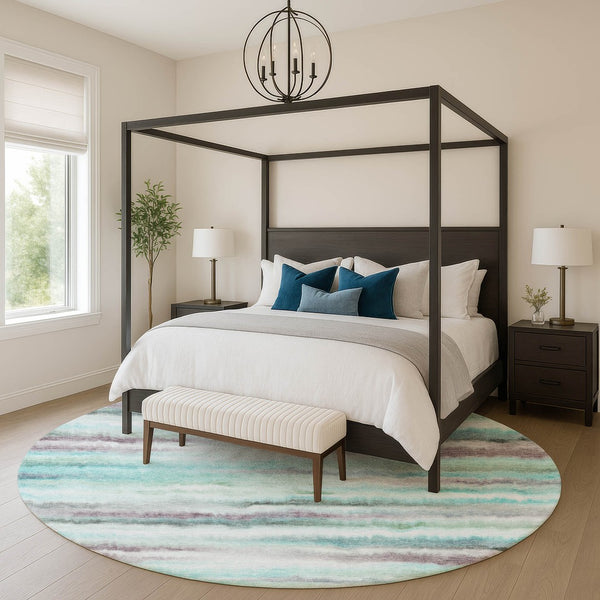 HomeRoots 8' X 10' Teal & Ivory Striped Area Rug - UV Resistant, Washable, Kid & Pet Friendly for Easy Care 717753