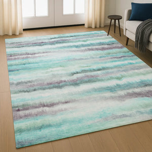 HomeRoots 9' X 12' Striped Teal and Ivory Washable Area Rug with UV Protection for Stylish Living Spaces 717754