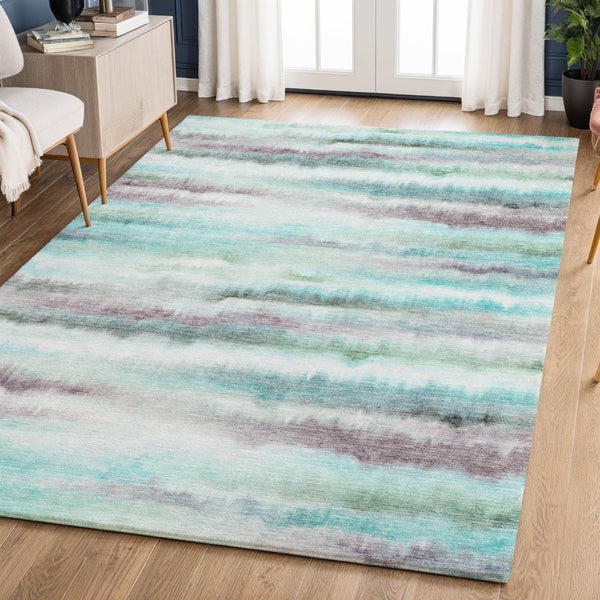 HomeRoots 9' X 12' Striped Teal and Ivory Washable Area Rug with UV Protection for Stylish Living Spaces 717754