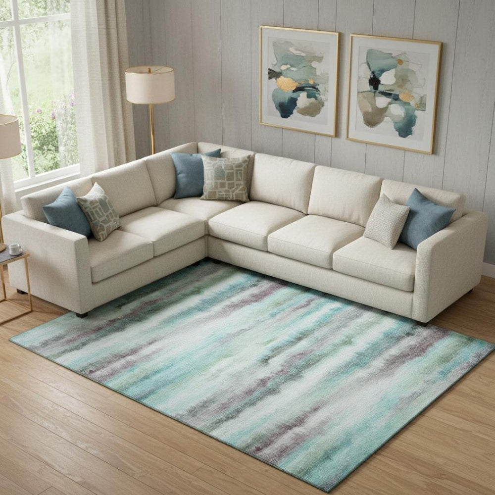 HomeRoots 10' X 14' Stylish Teal and Ivory Striped Washable Area Rug with UV Protection for Busy Homes 717755
