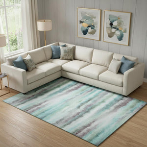 HomeRoots 10' X 14' Stylish Teal and Ivory Striped Washable Area Rug with UV Protection for Busy Homes 717755