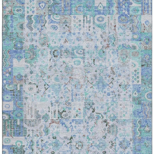 HomeRoots 8' Blue and Ivory Patchwork Washable Round Rug - UV Protected, Stain Resistant, Durable Design for Homes 717758