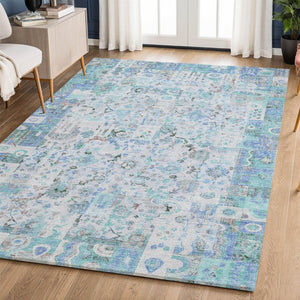 HomeRoots 8' Blue and Ivory Patchwork Washable Round Rug - UV Protected, Stain Resistant, Durable Design for Homes 717758