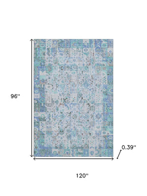 HomeRoots 9' X 12' Blue and Ivory Patchwork Area Rug - Durable, Washable, UV-Protected for Homes & Outdoors 717760