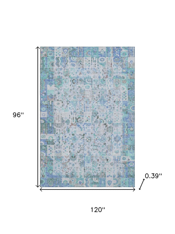 HomeRoots 9' X 12' Blue and Ivory Patchwork Area Rug - Durable, Washable, UV-Protected for Homes & Outdoors 717760