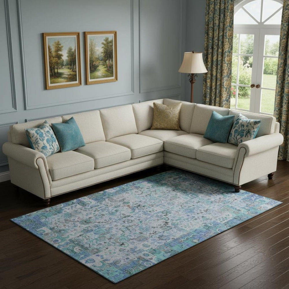 HomeRoots 9' X 12' Blue and Ivory Patchwork Area Rug - Durable, Washable, UV-Protected for Homes & Outdoors 717760