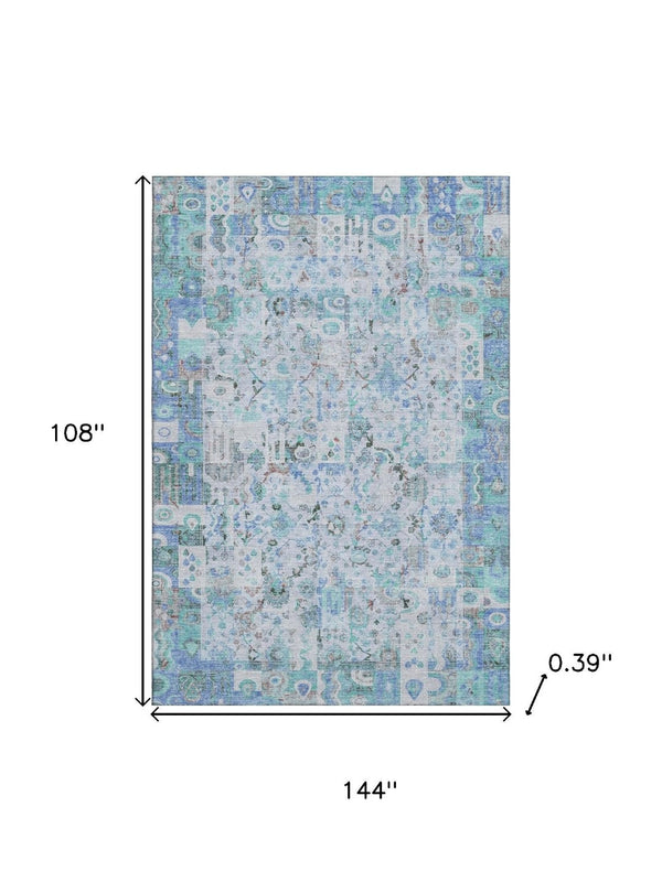 HomeRoots 10' X 14' Blue and Ivory Patchwork Rug – Washable, UV-Protected, Non-Slip, Stain-Resistant Design 717761