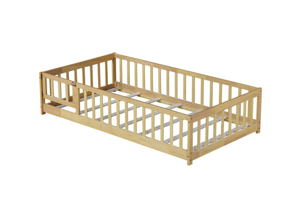 English Elm Twin Solid Rubberwood Floor Bed with Full Perimeter Safety Rails for Toddler Rooms Natural W504P296778