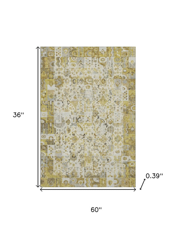 HomeRoots 5' X 8' Gold And Ivory Patchwork Area Rug - Stain Resistant, Machine Washable, UV Protected & Durable 717763