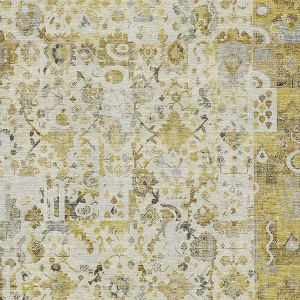 HomeRoots 8' Gold and Ivory Patchwork Washable Round Rug - UV-Protected, Stain-Resistant, Family-Friendly Design 717764
