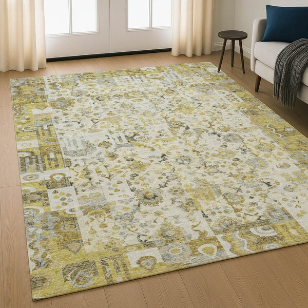 HomeRoots 9' X 12' Gold and Ivory Patchwork Area Rug – Stylish, Stain-Resistant, UV-Protected for Busy Homes 717766