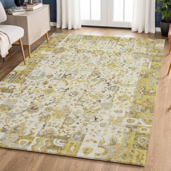 HomeRoots 9' X 12' Gold and Ivory Patchwork Area Rug – Stylish, Stain-Resistant, UV-Protected for Busy Homes 717766