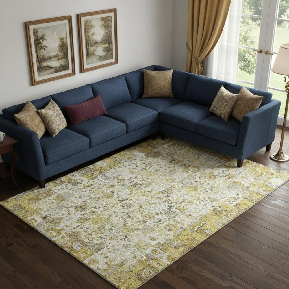 HomeRoots 9' X 12' Gold and Ivory Patchwork Area Rug – Stylish, Stain-Resistant, UV-Protected for Busy Homes 717766