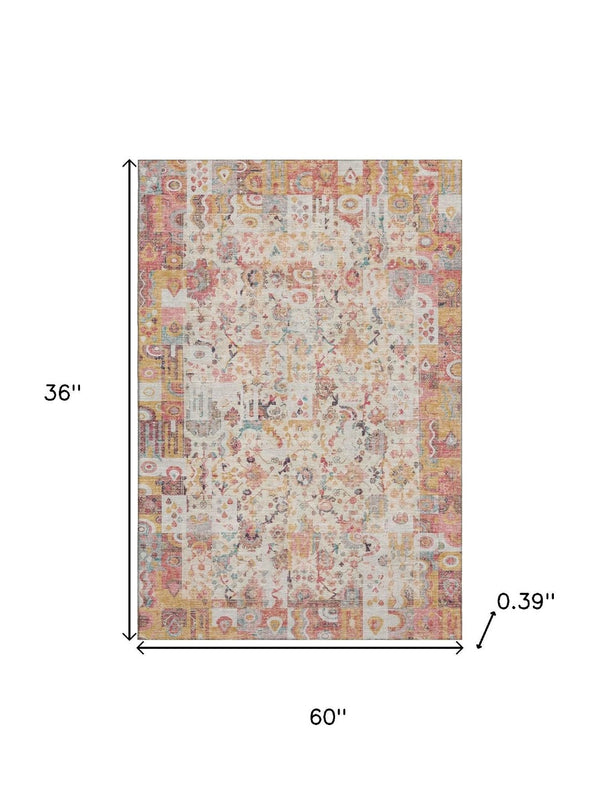 HomeRoots 5' X 8' Pink and Ivory Patchwork Area Rug - Washable, UV Protected, Non-Slip, Durable for Homes 717769