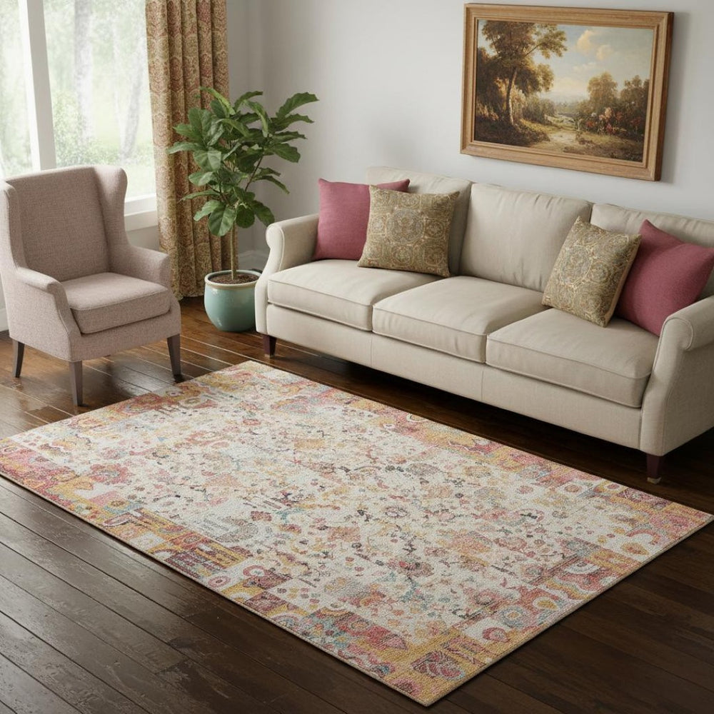 HomeRoots 8' Pink and Ivory Washable Round Rug – Durable, Stain-Resistant, UV-Protected for Busy Homes! 717770