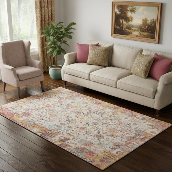 HomeRoots 8' Pink and Ivory Washable Round Rug – Durable, Stain-Resistant, UV-Protected for Busy Homes! 717770