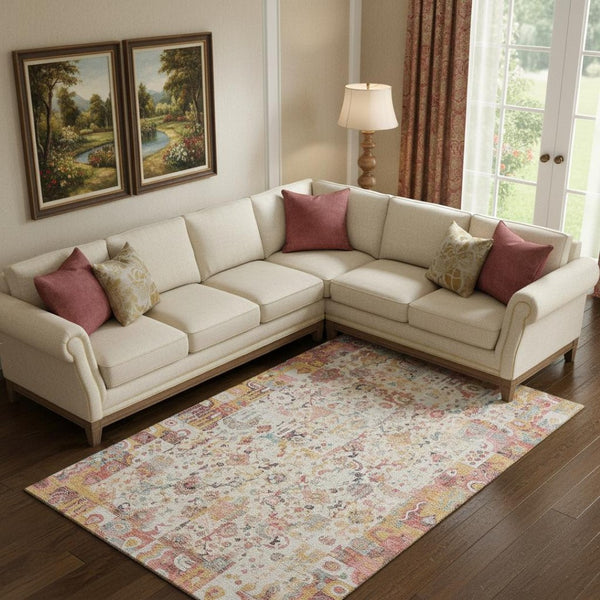HomeRoots 9' X 12' Pink and Ivory Patchwork Area Rug - Washable, Stain-Resistant, UV Protected for Busy Homes 717772
