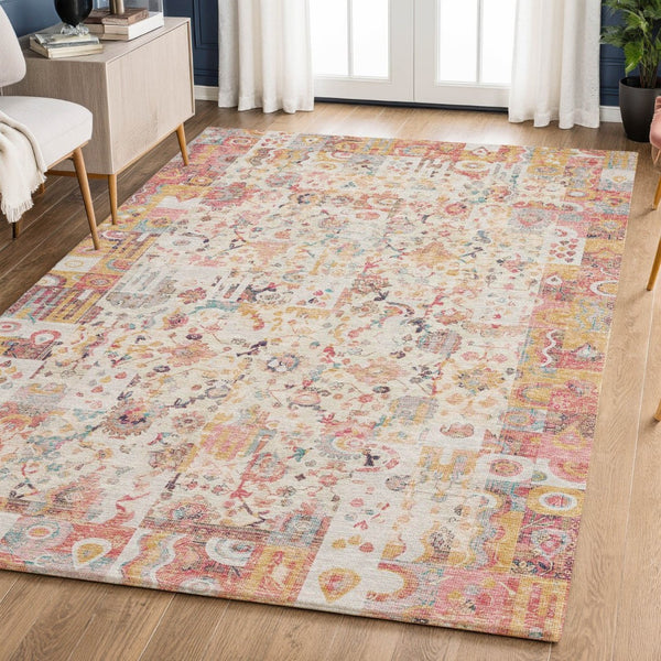 HomeRoots 10' X 14' Pink & Ivory Patchwork Area Rug - Washable, UV-Protected, Durable, Perfect for Busy Homes 717773