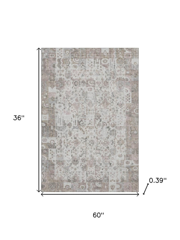 HomeRoots 5' X 8' Taupe & Ivory Patchwork Area Rug - Washable, Stain Resistant, UV Protected for Busy Homes 717775
