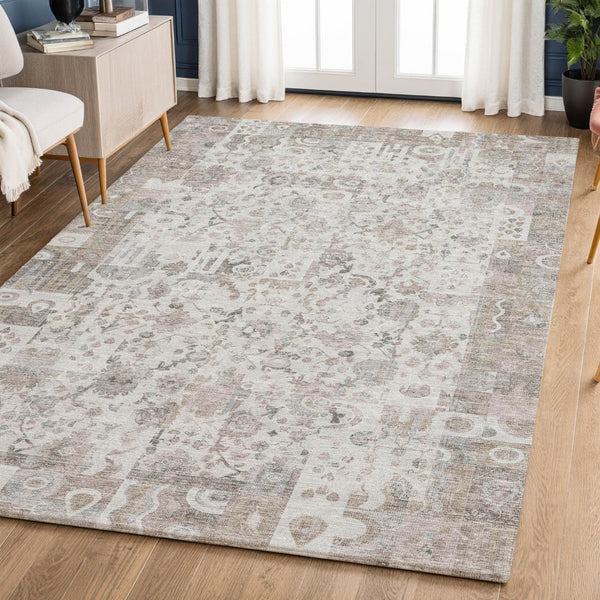 HomeRoots 5' X 8' Taupe & Ivory Patchwork Area Rug - Washable, Stain Resistant, UV Protected for Busy Homes 717775