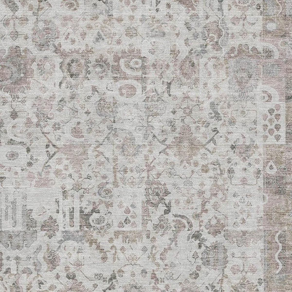 HomeRoots 8' Taupe and Ivory Patchwork Washable Round Rug with UV Protection for Durable Everyday Use 717776