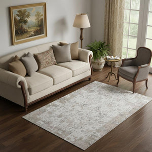 HomeRoots 8' Taupe and Ivory Patchwork Washable Round Rug with UV Protection for Durable Everyday Use 717776