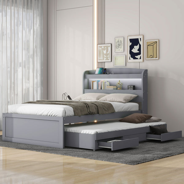 English Elm Twin XL Platform Bed with LED Headboard, Built-In Charging Station, Trundle & 2 Drawers for Space-Saving Bedrooms Gray GX001829AAE