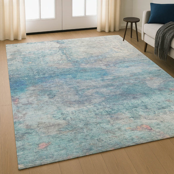 HomeRoots 5' X 8' Aqua Beige Abstract Area Rug - Washable, UV Protected, Non-Slip Backing for Busy Homes 717781