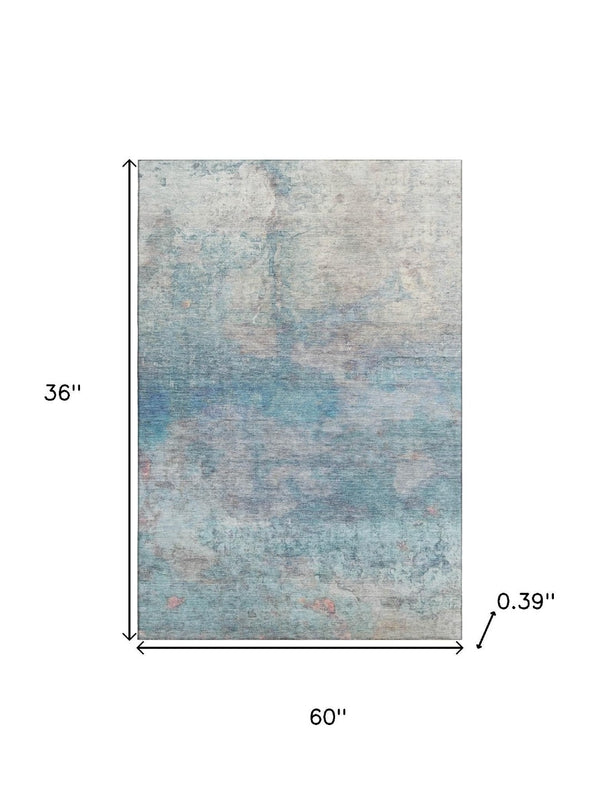 HomeRoots 5' X 8' Aqua Beige Abstract Area Rug - Washable, UV Protected, Non-Slip Backing for Busy Homes 717781