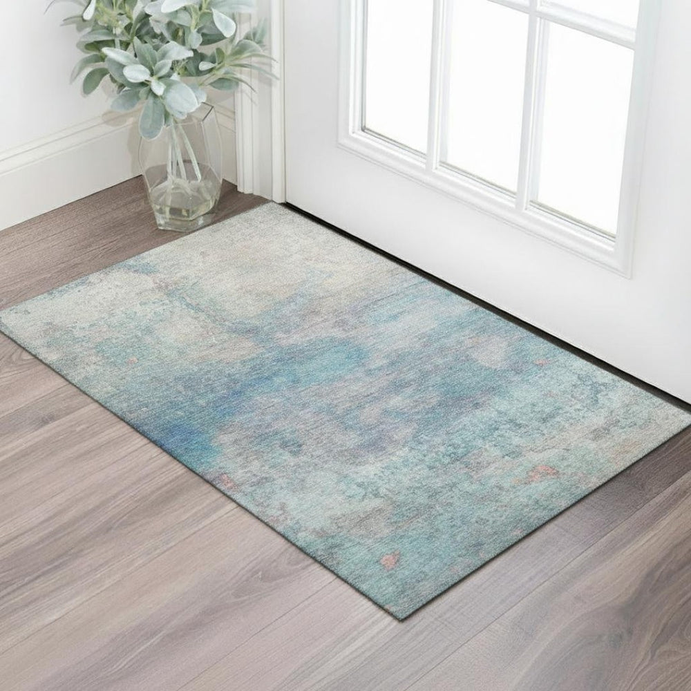 HomeRoots 5' X 8' Aqua Beige Abstract Area Rug - Washable, UV Protected, Non-Slip Backing for Busy Homes 717781