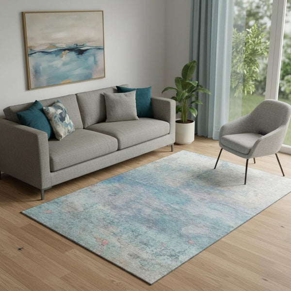 HomeRoots 8' Aqua and Beige Abstract Washable Round Rug with UV Protection - Easy-Care, Stain-Resistant Design 717782