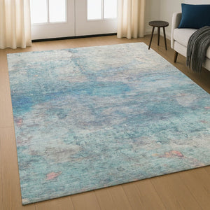HomeRoots 9' X 12' Aqua & Beige Abstract Area Rug - Machine Washable, UV Protected, Stain Resistant Comfort 717784