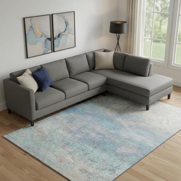 HomeRoots 9' X 12' Aqua & Beige Abstract Area Rug - Machine Washable, UV Protected, Stain Resistant Comfort 717784