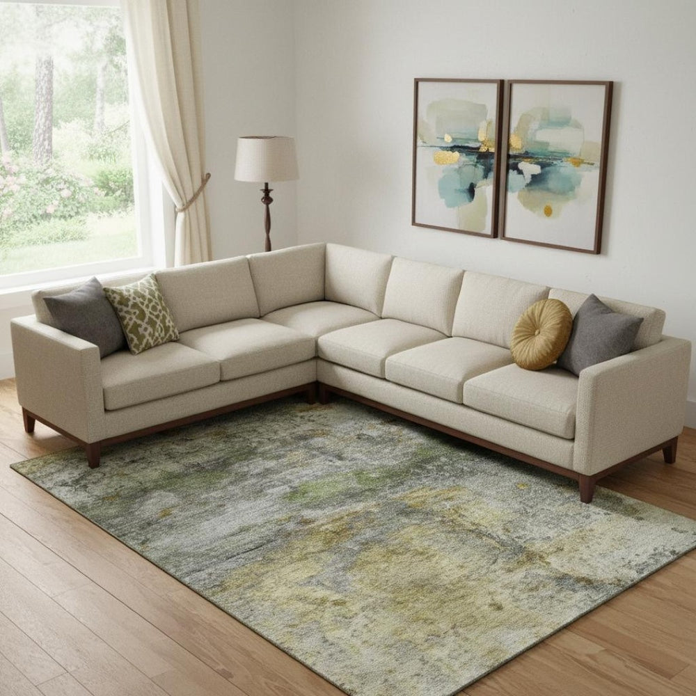 HomeRoots 9' Olive Green and Gold Washable Area Rug - Durable, UV-Protected, Abstract Design for Modern Homes 717790