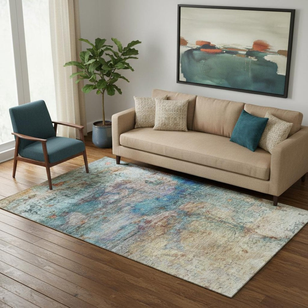 HomeRoots 8' Teal and Beige Abstract Washable Round Rug with UV Protection – Stylish, Durable, and Easy Care! 717794