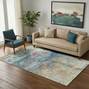 HomeRoots 8' Teal and Beige Abstract Washable Round Rug with UV Protection – Stylish, Durable, and Easy Care! 717794