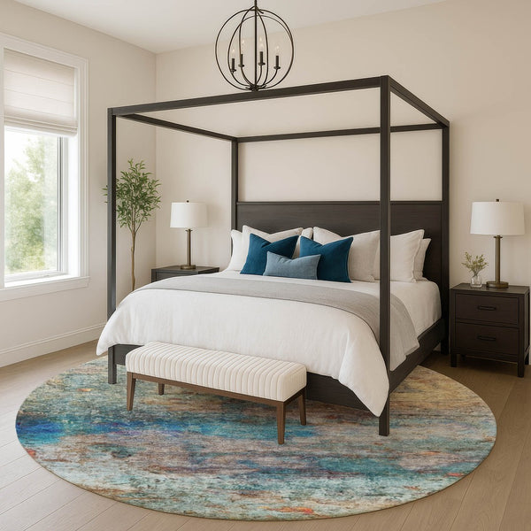 HomeRoots 8' X 10' Teal & Beige Abstract Washable Area Rug - Durable, UV-Protected, Easy-Care for Homes! 717795