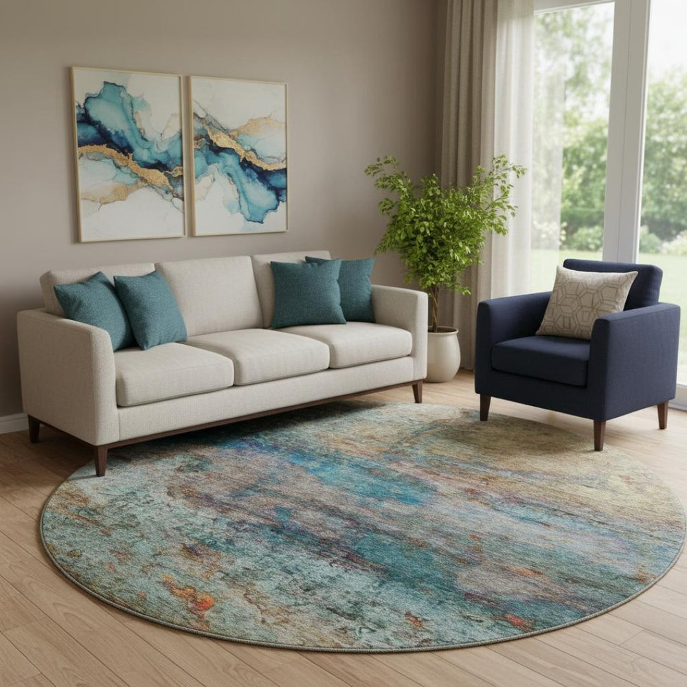HomeRoots 8' X 10' Teal & Beige Abstract Washable Area Rug - Durable, UV-Protected, Easy-Care for Homes! 717795