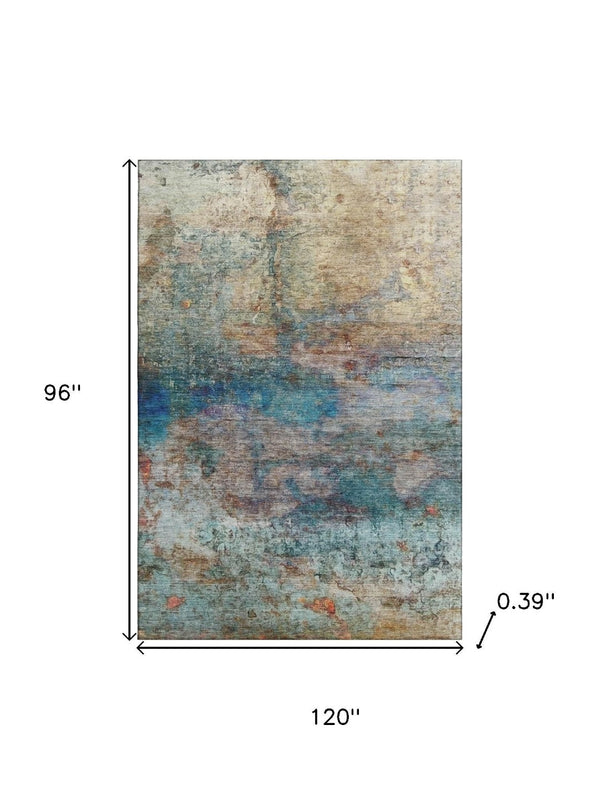 HomeRoots 9' X 12' Teal & Beige Abstract Area Rug - Washable, Stain Resistant, UV Protected for Modern Homes 717796
