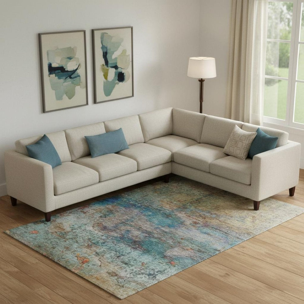 HomeRoots 9' X 12' Teal & Beige Abstract Area Rug - Washable, Stain Resistant, UV Protected for Modern Homes 717796