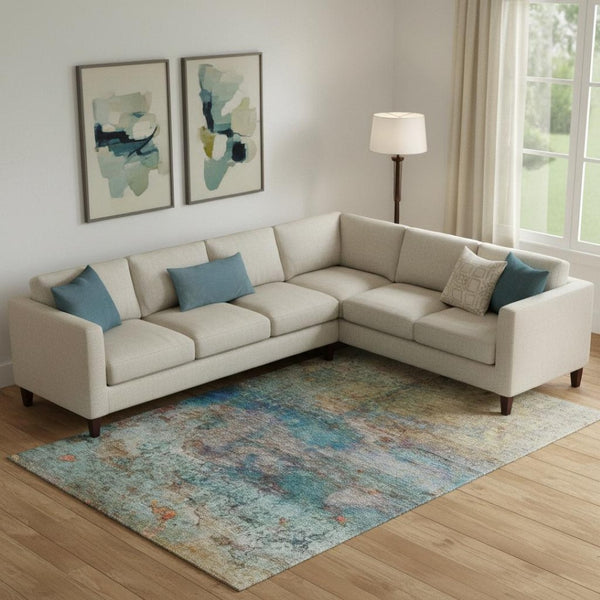 HomeRoots 9' X 12' Teal & Beige Abstract Area Rug - Washable, Stain Resistant, UV Protected for Modern Homes 717796