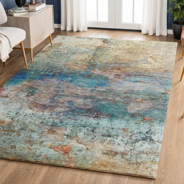 HomeRoots 10' X 14' Teal & Beige Abstract Area Rug - Washable, UV-Protected, Perfect for High-Traffic Spaces! 717797
