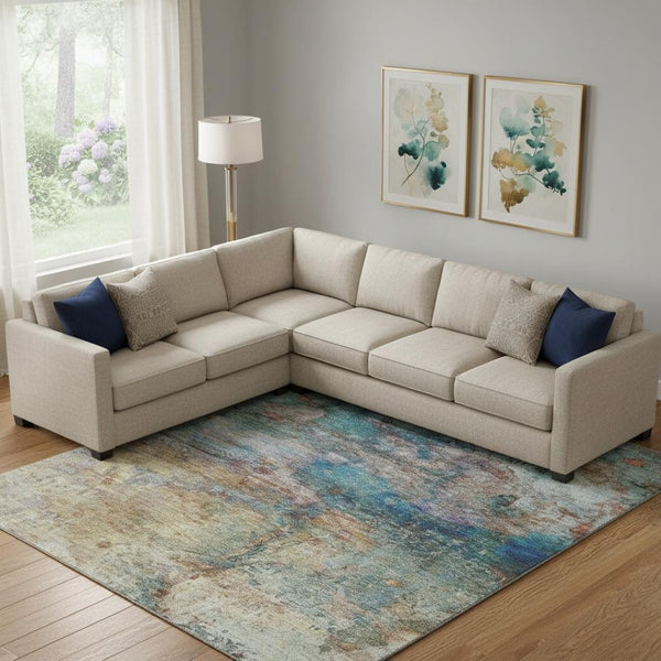 HomeRoots 10' X 14' Teal & Beige Abstract Area Rug - Washable, UV-Protected, Perfect for High-Traffic Spaces! 717797