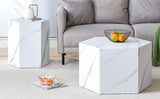 English Elm Modern Minimalist Style Hexagonal White Marble Patterned Mdf Coffee Table Set (Two-Piece Set) .Complex Texture Patterns, Style and Texture Coffee Table To Redefine Your Interior Decoration.