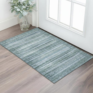 HomeRoots 5' X 8' Sage and Blue Striped Area Rug - Washable, UV Protected, Durable for High-Traffic Spaces 717805