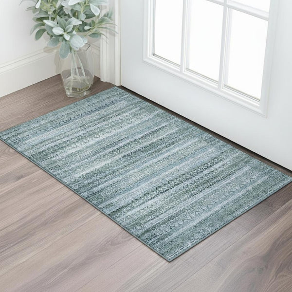 HomeRoots 5' X 8' Sage and Blue Striped Area Rug - Washable, UV Protected, Durable for High-Traffic Spaces 717805